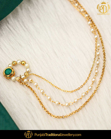 Gold Finished Green Kundan Without hole Nose Pin with Chain | Punjabi Traditional Jewellery Exclusive